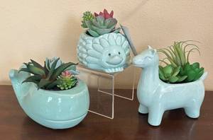 lot 64R image: K - Fresh Picked 3-Piece Turquoise Ceramic Animal Planter Set with Faux Succulents
