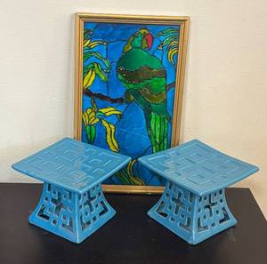 lot 112R image: K - Stained Glass Style Parrot Framed Panel  with Pair of Blue Ceramic Candle Holders