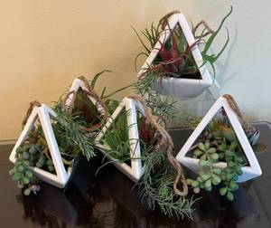 lot 115R image: LR - White Triangular Hanging Planters with Faux Succulents