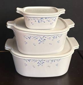 lot 118R image: CorningWare Lidded Casseroles - Blue Floral Pattern