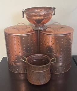lot 119R image: LR - Vintage Hammered Copper Canisters with Lids, Compote & Small Pot