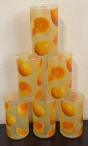 lot 177R image: LR - Set of Vintage Frosted Juice Glasses with Orange Slice Pattern