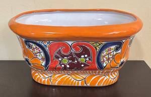 lot 178R image: Hand-Painted Orange Rim & Multicolor Floral Mexican Pottery Planter