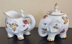 lot 180R image: K - Graces Teaware Elephant Creamer, Pitcher & Sugar Dish - Floral Gold Trim
