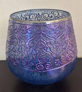 lot 183R image: LR - Iridescent Purple-Blue Glass Vase with Raised Scrollwork Pattern