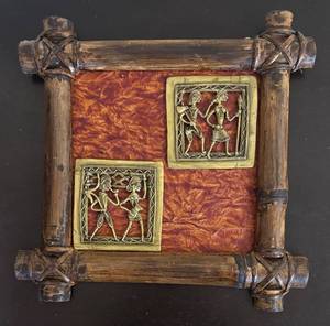 lot 197R image: LR - Vintage Style Aztec Wall Art - Brass Relief Tiles in Wooden Frame