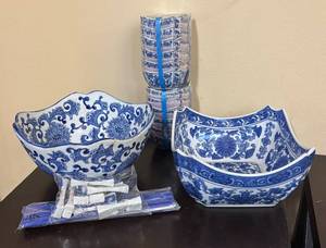 lot 200R image: LR - Blue & White Porcelain Asian-Style Bowls with Chopsticks & Holders