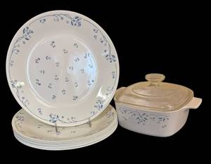 lot 221R image: LR - Corelle Cornflower Blue Dinner Plates (8) & Casserole Dish with Glass Lid