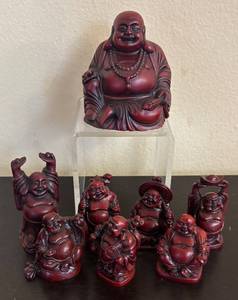 lot 222R image: K - Laughing Buddha Figurines - 9-Piece Burgundy Red Set