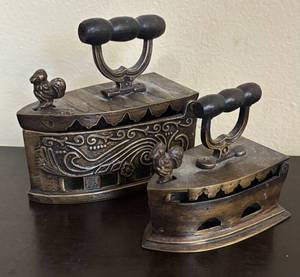 lot 223R image: LR - Antique Style Brass Sad Irons with Ornate Floral Scrollwork