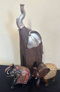 lot 232R image: LR - Elephant Figurines Trio -Tall Wooden Sculpture and Saddled Elephants