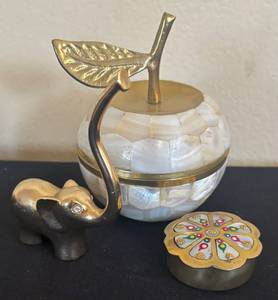 lot 237R image: K - Brass Elephant Figurine & Mother-of-Pearl Mosaic Trinket Box & Flower-Lid Box