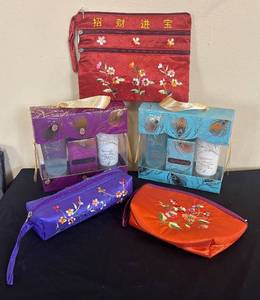 lot 238R image: LR - Embroidered Floral Pouches and Bath & Body Gift Sets - Soaps, Lotions & Hand Cream