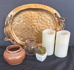 lot 253R image: LR - Serving Platter, Brown Ceramic Pot, Candle Holder and More