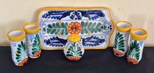 lot 258R image: K - Mexican Hand-Painted Ceramic Tray, Salt Shaker & Shot Glasses