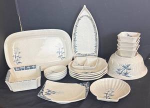 lot 301R image: LR -Vintage Blue Bamboo Melamine Dinnerware Bamboo Pattern Set - Platters, Bowls & Dishes