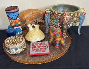 lot 310R image: LR - Depression Glass Platter with Elephant-Leg Stand - Platter, Trinket Box, Wooden Whale Sculpture and More