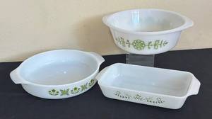 lot 311R image: LR - Vintage Glasbake Vintage Bakeware Set - 3-Piece White Glass with Green Floral Border