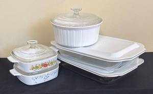 lot 314R image: LR - CorningWare & Pyrex Glass Bakeware Lot - Floral Pattern Casseroles & Cake Pans and More