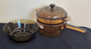 lot 315R image: LR - Brown Glass Double Boiler with Lid with Bowl