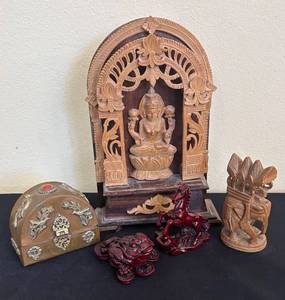 lot 316R image: BR - Carved Wood Shrine With Deity, Vintage Trinket Box, Red Resin Figurines and More