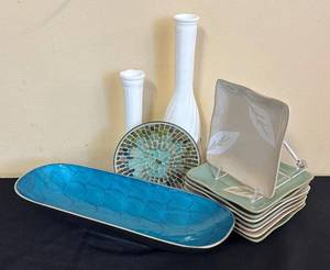 lot 341R image: LR - Karen Neuburger Willow Collection Plates, Milk Glass Vases, Shimmering Serving Bowl and More