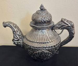 lot 342R image: K - Vintage Teapot with Ornate Embossed Metal With Dragon Head Handles