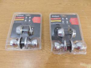 lot 123 image: New - 2 Kwikset Tylo Satin Chrome Entry Door Knob and Single Cylinder Deadbolt Knob Combo Pack