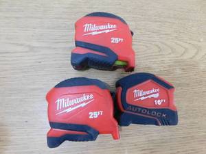 lot 156 image: (3) Milwaukee 25 ft., 25 ft., 16 ft. Compact Tape Measures with Fractional Scale