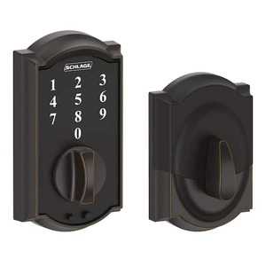lot 200 image: New Schlage Camelot Aged Bronze Electronic Touch Keyless Touchscreen Deadbolt with Thumbturn