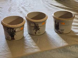 lot 16 image: Set of Herb Planters including Chives, Sage, and Rosemary Ceramic Pots