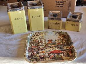 lot 42 image: Vintage Yellow Metal Canister Set with Tray - Sugar, Flour, Coffee, Tea Canisters and Decorative Tray
