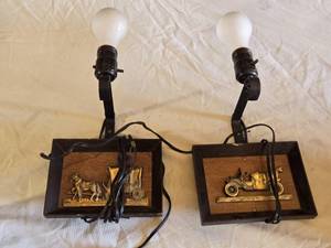 lot 46 image: Vintage Wall Sconce Lamps with Brass Carriage and Car Plaques