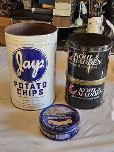 lot 47 image: Jays Potato Chips Tin, Kohl & Madden Printing Ink Cans, Danish Style Butter Cookies Tin