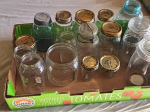lot 58 image: Lot of Mason Jars and Lids in Tomato Box