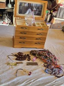lot 63 image: Jewelry Making Supplies, Beaded Necklaces, Bracelets with Wooden Jewelry Box