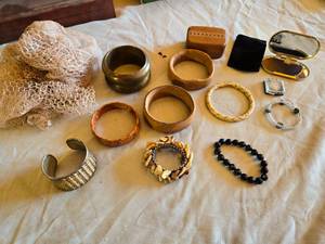 lot 65 image: Assorted Jewelry and Accessories Lot including Bracelets, Wooden Bracelets, Boxes, and Award