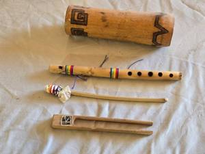 lot 76 image: Flute, Wooden Tuning Fork, Wooden Drum