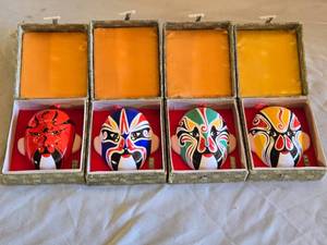 lot 77 image: Decorative Chinese Opera Masks in Display Boxes including Guan Yu, Dou Er Dun, Wu Tian Qiu, and Yellow Mask - Approx. 4