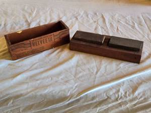 lot 86 image: Kraft Velveeta Wooden Cheese Box and Sharpening Stones