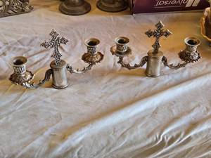 lot 87 image: Pair of Ornate Silver-Plated Candle Holders with Cross Design