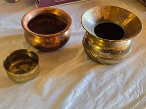 lot 95 image: Copper and Brass Pots Set including Decorative Bowl, Container, and Spittoon