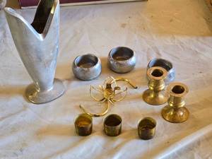 lot 97 image: Mixed Metal Decorative Items including Candlestick Holders, Mini Bowls, and Vases