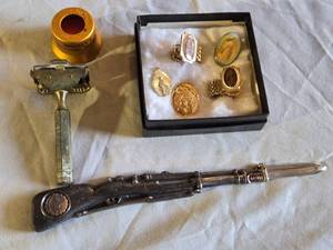 lot 111 image: Vintage Collectible Lot including Razor, Rifle Pen, and Jewelry