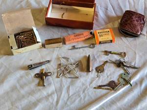 lot 112 image: Lot of Vintage Keys, Edgewell Fingernail Clipper, Paper Clips, and Small Tools