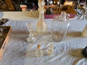lot 117 image: Glassware Collection including Cut Glass Decanter, Large Jug, and Candlestick Holders