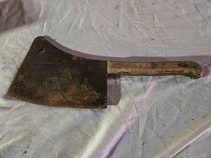 lot 136 image: Vintage Cleaver with Wooden Handle and Stamped Blade 16-Inch Total Length