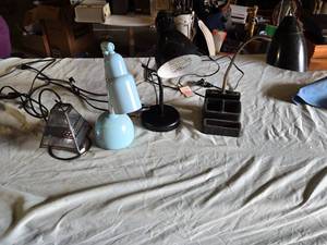 lot 182 image: Table Lamps Including Black Metal Gooseneck Desk Lamp, Blue Adjustable Lamp, and Glass Pyramid Lamp