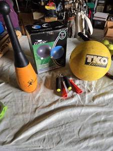 lot 204 image: Crane Exercise Ball, TKO Medicine Ball, Clubz Weighted Club, and Hand Grips