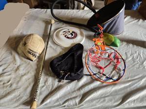 lot 206 image: Mizuno Volleyball, Alpo Frisbee, Baton, and Mini Basketball Hoop Set, Air Pump with Broken Hose